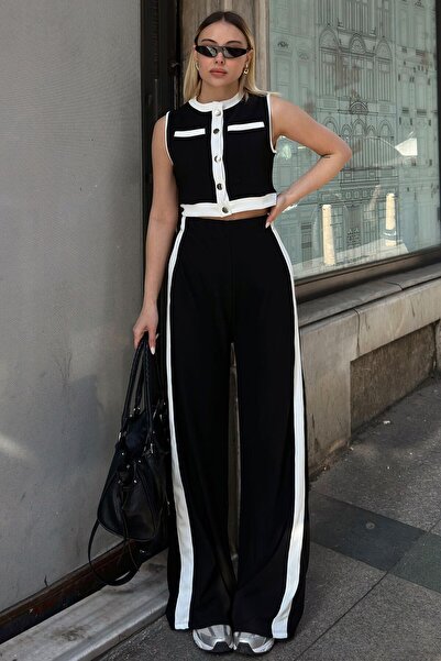 Swist Černý Singa zdobený proužek Detail Zero Sleeve Crop-Pants Dámská souprava spodního dílu