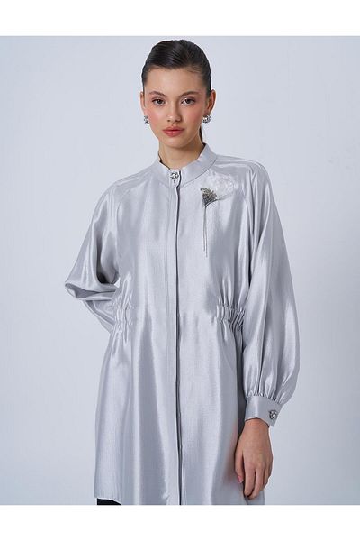 Kayra Satin Tunic with Gray Brooch Detail