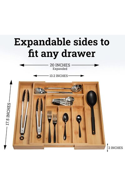 fulina Silverware Organizer, Bamboo Expandable with Grooved Drawer, for Silverware and Flatware