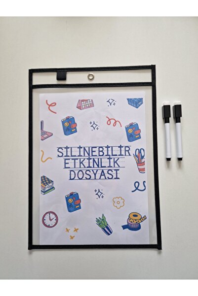 Hobi Kafe A4 Çalışma Kağıtları İçin Siyah Silinebilir Etkinlik Dosyası + 2 Adet Silgili Kalem