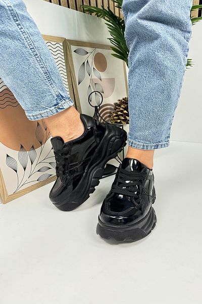Nstil Black Patent Leather Sneaker - Thick High Sole, Lace-Up and Comfortable Tiger Stripe Sneakers 032