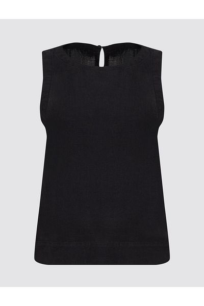 Jimmy Key Black Straight Cut Round Neck Linen Blouse