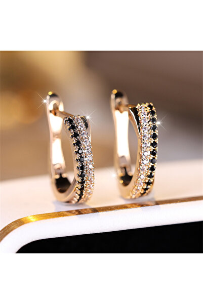 Choice أقراط كريستال عصرية رائجة البيع E10215-01 للنساء من الزركون الأسود والأبيض باللون الذهبي الشامبانيا