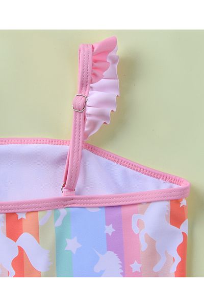 SAPS Unicorn Printed Singlet Neck Frill Detailed Sleeveless V Cut Swimsuit - Multicolor