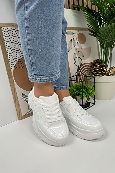 Allyup White Patent Leather Sneaker - Thick High Sole and Lace-Up Casual Snea...