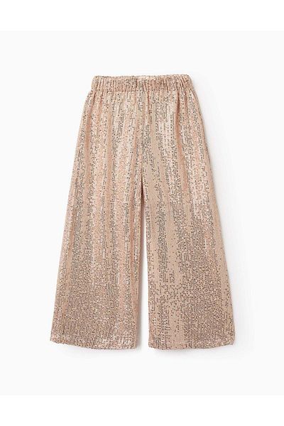 Ziddy Sequinned Trousers for Girls, Beige/Pink Gold