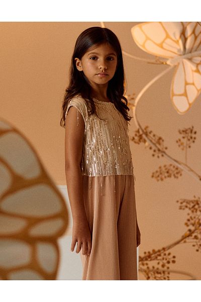 Ziddy Pleated Jumpsuit with Sequins for Girls, Beige/Gold