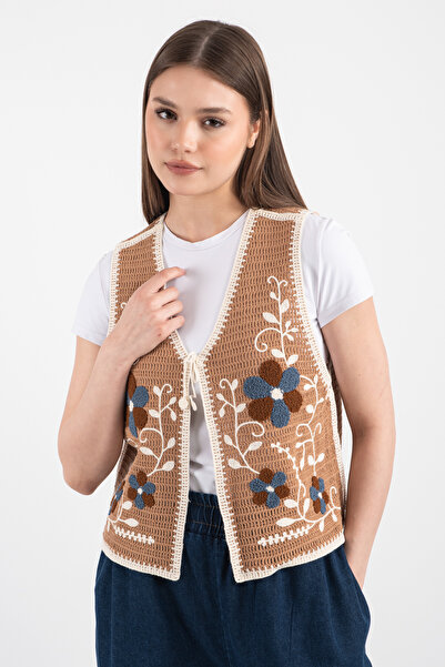 Hatun Atila Hatunatila Women's Floral Patterned Acrylic Drainage Vest Mink - 5155