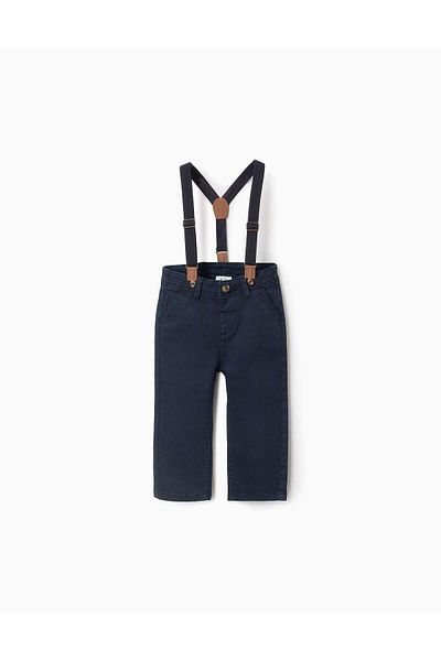 Ziddy Twill Trousers with Removable Braces for Baby Boys, Dark Blue