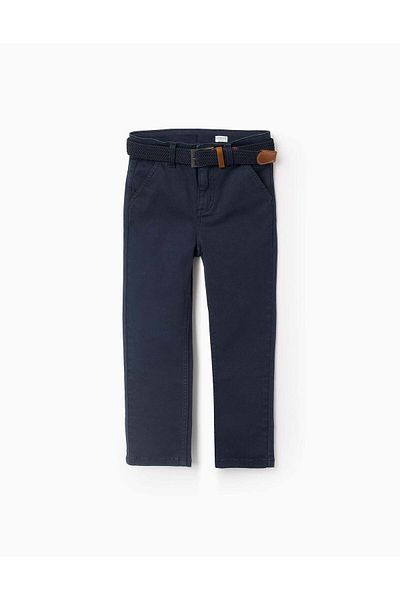 Ziddy Slim Chino Twill Trousers with Belt for Boys, Dark Blue