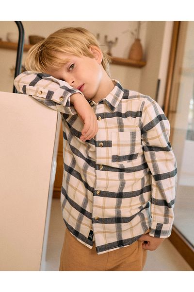 Ziddy Cotton Shirt with Check for Boys 'B&S', White/Grey/Beige