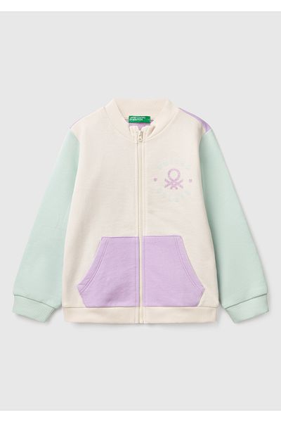 United Colors of Benetton Girl's Lilac Mix Glitter Benetton Logo Embroidered Zippered Sweatshirt