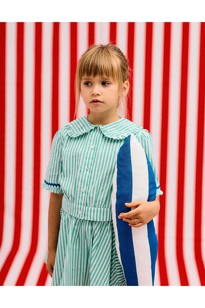 Ziddy Striped Frill Blouse for Girls, Green/White