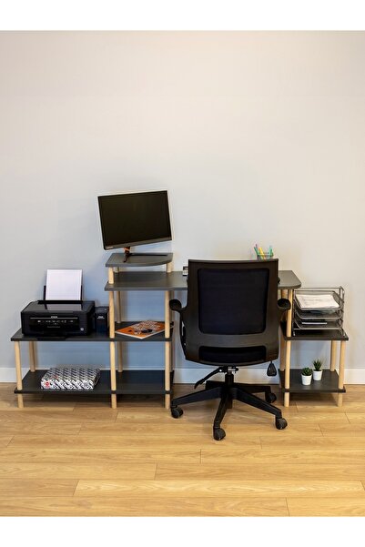 PEKA Çalışma Masası 5 Raflı Ahşap Ayaklı Dekoratif Modern Bilgisayar Ofis Masası - Antrasit - Köşe