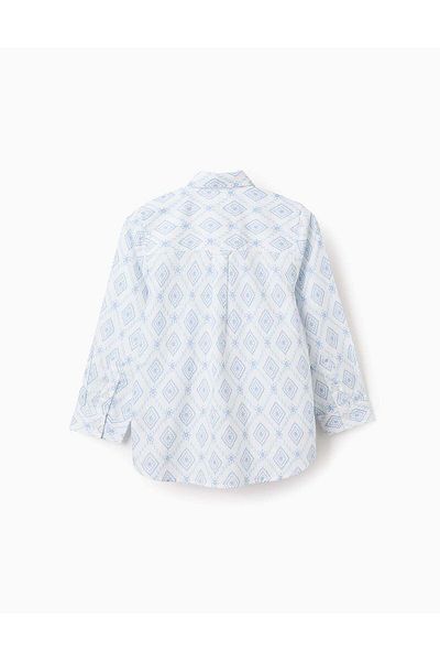 Ziddy Cotton Shirt with Pattern for Boys, White/Blue