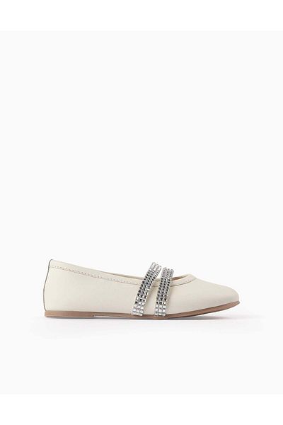 Ziddy Ballerina Flats with Strass Straps for Girls, White/Silver