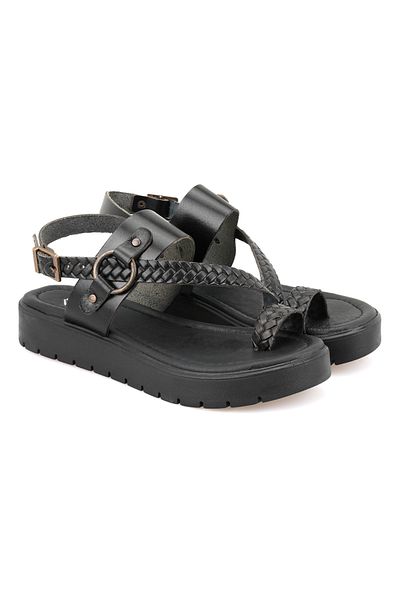 Desa Women's Black Adjustable Buckle Leather Sandals