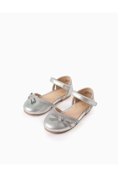Ziddy Glitter Ballerina Flats with Bow for Baby Girls, Silver