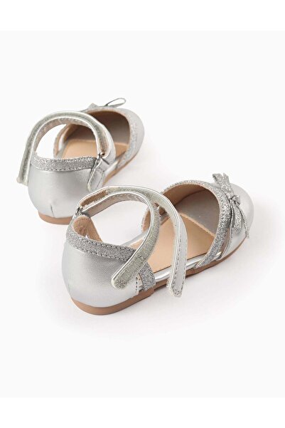 Ziddy Glitter Ballerina Flats with Bow for Baby Girls, Silver