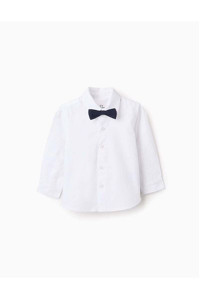 Ziddy Cotton Shirt with Bow for Baby Boys, White/Navy Blue