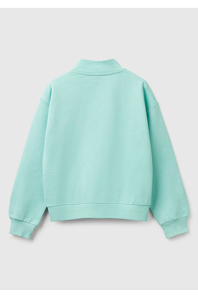 United Colors of Benetton Girl's Aqua Green Glitter Benetton Logo Embroidered Zipper Sweatshirt