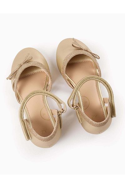 Ziddy Glitter Ballerina Flats with Bow for Girls, Gold