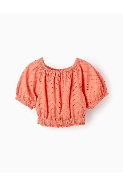 Ziddy Cotton Top with Broderie Anglaise for Girls, Orange