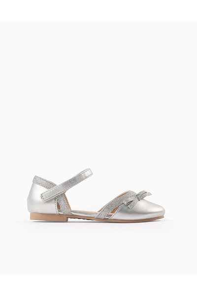 Ziddy Glitter Ballerina Flats with Bow for Girls, Silver