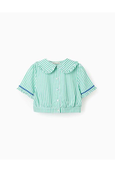 Ziddy Striped Frill Blouse for Girls, Green/White