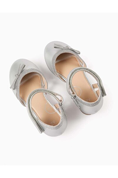 Ziddy Glitter Ballerina Flats with Bow for Girls, Silver