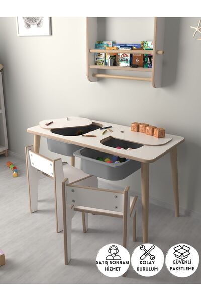 PEKA Çocuk Oyun Ve Aktivite Masası - 2 Sandalye - Gri Sepetli
