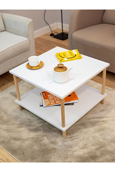 PEKA Kare Orta Sehpa Ahşap Ayaklı Sehpa Iki Raflı Sehpa Dekoratif Sehpa Gazetelikli - Beyaz - 60cm X 60cm