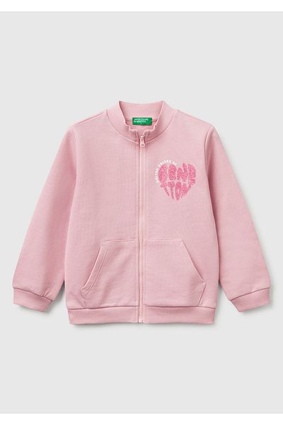 United Colors of Benetton Girl's Pink Glitter Benetton Logo Embroidered Zipper Sweatshirt