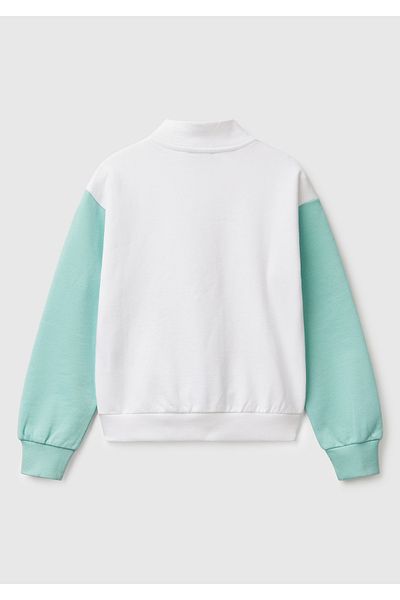 United Colors of Benetton Girl's White Mix Glitter Benetton Logo Embroidered Zipper Sweatshirt