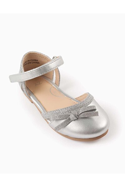 Ziddy Glitter Ballerina Flats with Bow for Baby Girls, Silver