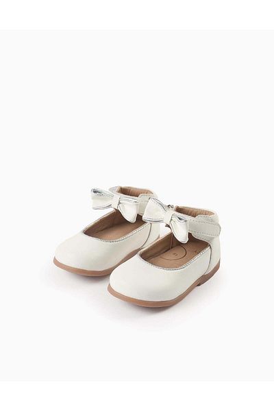 Ziddy Leather Ballerina Shoes with Bow for Baby Girls, White/Silver