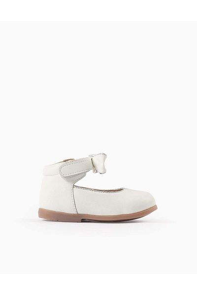 Ziddy Leather Ballerina Shoes with Bow for Baby Girls, White/Silver