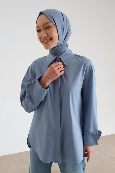 Armine Cămașă oversize gri albastră - cu inel pentru manșetă, model 24y3520
