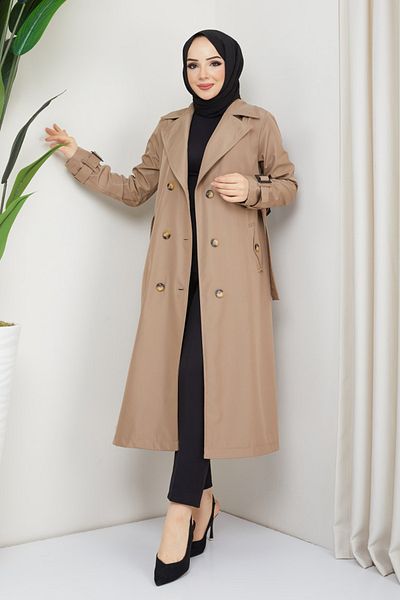 InStyle Μπεζ καμπαρντίνα με διπλό στήθος με φόδρα με ζώνη