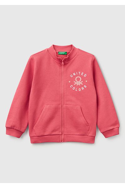United Colors of Benetton Girl's Fuchsia Glitter Benetton Logo Embroidered Zippered Sweatshirt