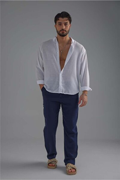 OUTFİT MAN Men's Linen White Button Shirt White