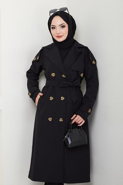 InStyle Μαύρη καμπαρντίνα με λεπτομέρεια επωμίδα στους ώμους