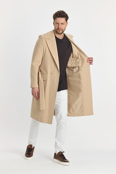 Frappoli Grande Ανδρική Κρέμα Oversize Μακρύ Πανωφόρι Κασμίρ με Αυτο-Ζώνη