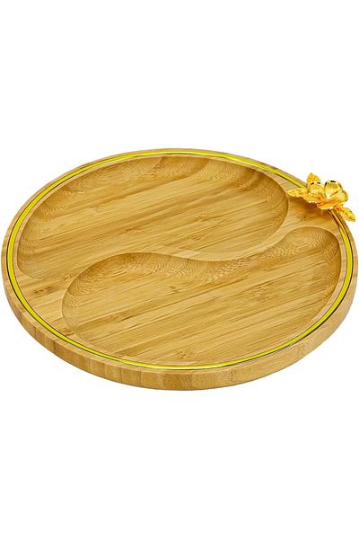 Winds Trading Wooden Snack Plate, 2 Partition, Round Bamboo Divider Tray with Flower Gold Pendant, 25cm