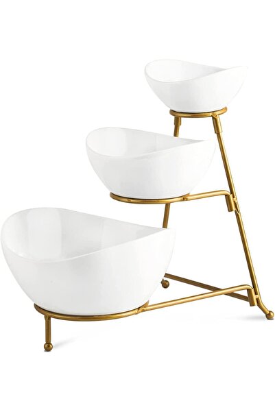 AKDC طقم أوعية تقديم من 3 طبقات – أوعية سيراميك بيضاوية مع رف ذهبي قابل للطي ...