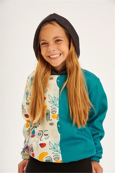 Hilal Akıncı Kids Girl's Blue Printed Hooded Sweatshirt