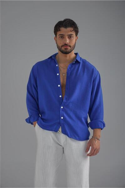 OUTFİT MAN Men's Linen White Button Shirt Dark Blue