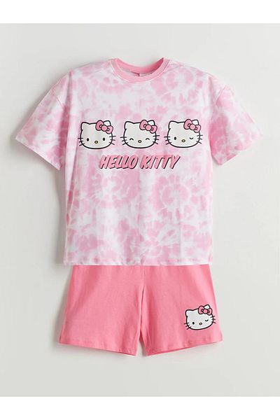 LC Waikiki LCW Kids White Crew Deck - Set de pijamale pentru fete cu mânecă scurtă cu imprimeu Hello Kitty