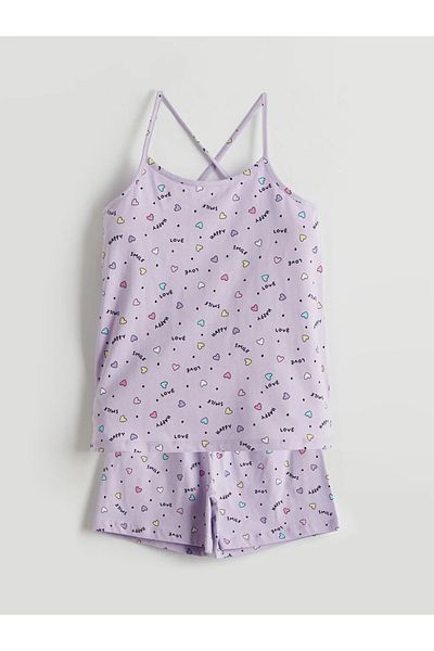LC Waikiki Set de pijamale pentru fete LCW Kids Liliac cu guler pătrat