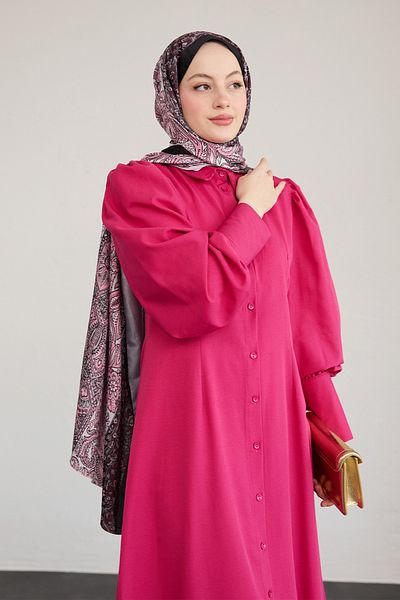 InStyle Buttoned Tricoton Fuchsia Dress